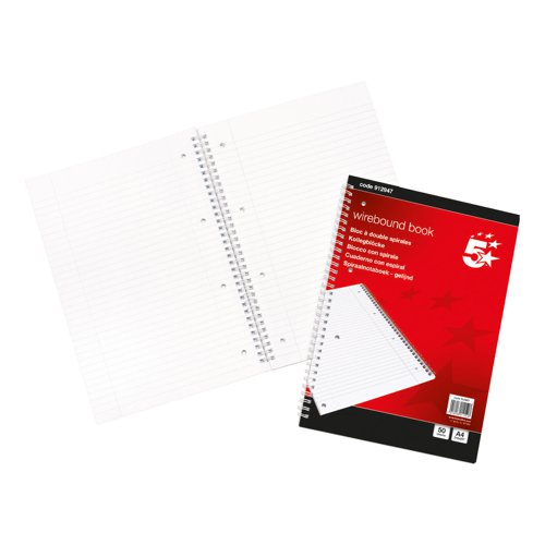 5 Star Office FSC Notebook Wirebound 70gsm Ruled and Margin Perforated Punched 4 Holes 100pp A4 Red & White [Pack 10]