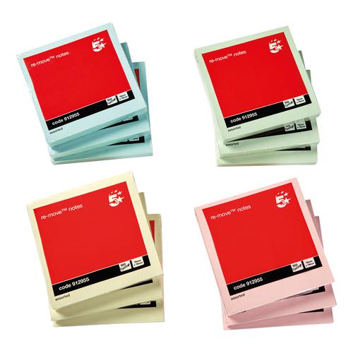 5 Star Office Re-Move Notes Repositionable Pastel Pad of 100 Sheets 76x76mm Assorted [Pack 12] The OT Group