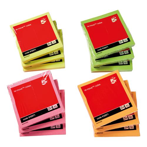 5 Star Office Re-Move Notes Repositionable Neon Pad of 100 Sheets 76x76mm Assorted [Pack 12] The OT Group