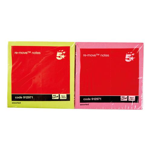 5 Star Office Re-Move Notes Repositionable Neon Pad of 100 Sheets 76x76mm Assorted [Pack 12]  912971