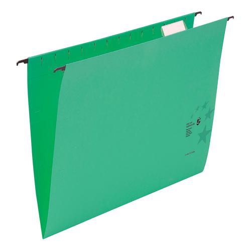 5 Star Office Suspension File with Tabs and Inserts Manilla 15mm V-base 230gsm Foolscap Green [Pack 50]