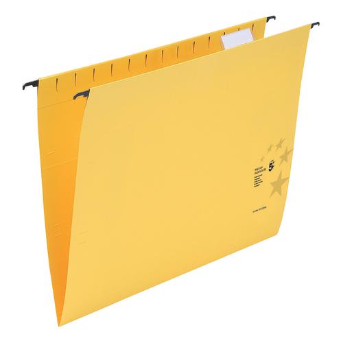 5 Star Office Suspension File with Tabs and Inserts Manilla 15mm V-base 230gsm Foolscap Yellow [Pack 50]
