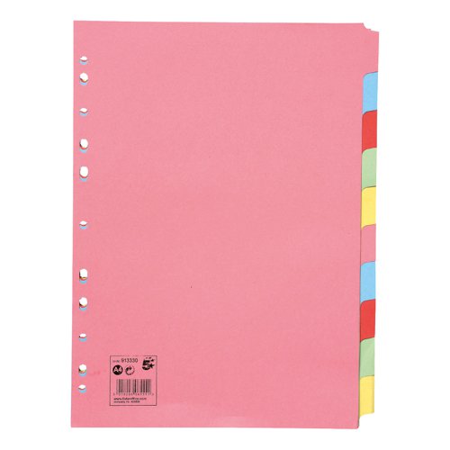 5 Star Office Subject Dividers 10-Part Recycled Card Multipunched 155gsm A4 Assorted [Pack 25]