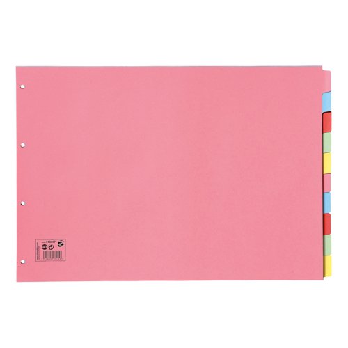 5 Star Office Subject Dividers 10-Part Recycled Card Multipunched 4 Holes 155gsm Landscape A3 Assorted