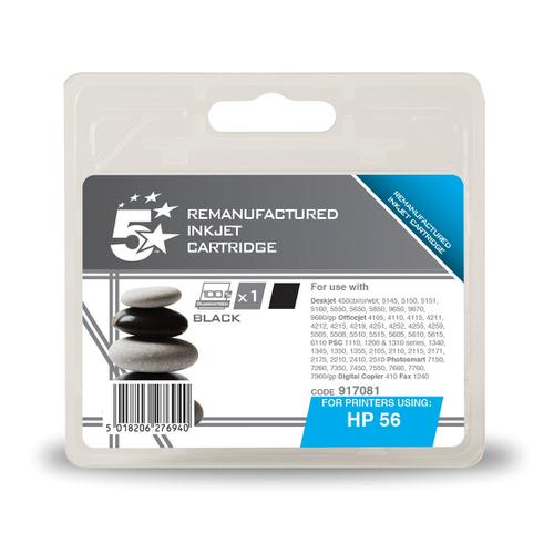 5 Star Office Remanufactured Inkjet Cartridge Page Life 520pp 19ml Black [HP No.56 C6656AE Alternative]