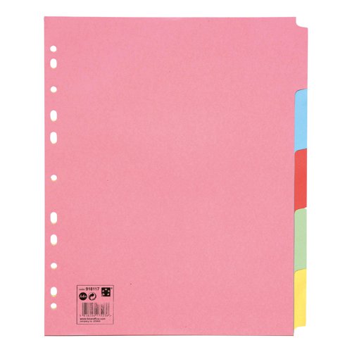 5 Star Office Subject Dividers 5-Part Recycled Card Multipunched 155gsm Extra Wide A4+ Assorted