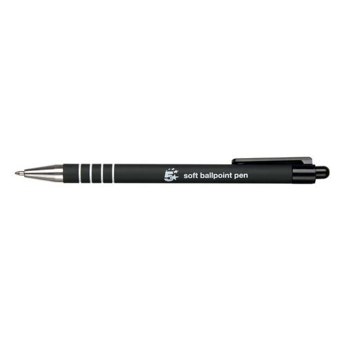 5 Star Office Retractable Ball Pen Soft Grip Medium 1.0mm Tip 0.5mm Line Black [Pack 12]