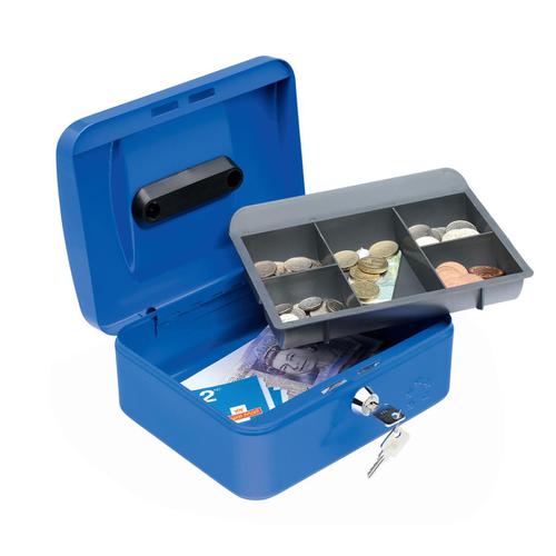 5 Star Facilities Cash Box with 5-compartment Tray Steel Spring Lock 8 Inch W200xD160xH70mm Blue