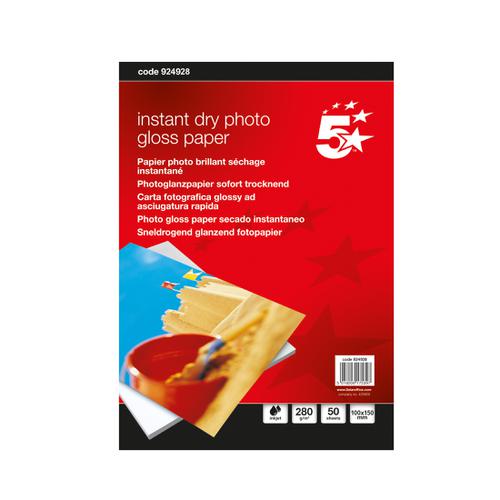 5 Star Office Paper Inkjet Photo Gloss Fast Drying 280gsm 100x150mm [50 Sheets]