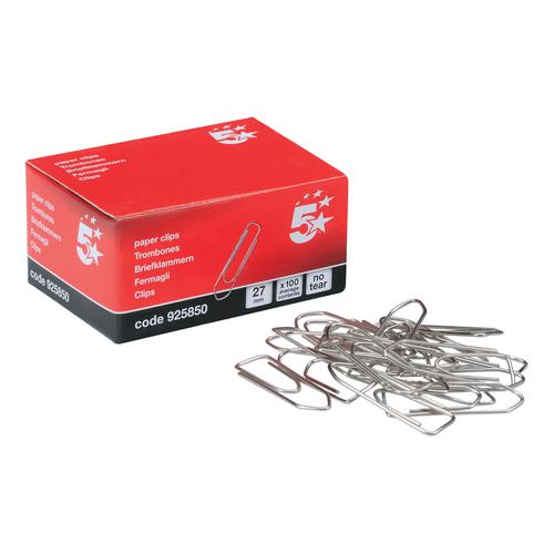 5 Star Office Paperclips No Tear Large Length 27mm [Pack 10x100]