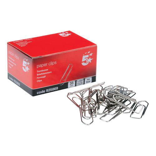 5 Star Office Paperclips No Tear Extra Large Length 33mm [Box 10x100]
