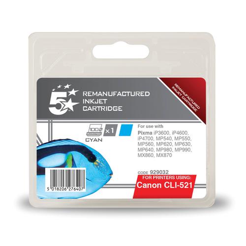 5 Star Office Remanufactured Inkjet Cartridge Page Life 448pp 9ml Cyan [Canon CLI-521C Alternative]