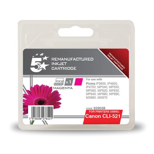 5 Star Office Remanufactured Inkjet Cartridge Page Life 450pp 9ml Magenta [Canon CLI-521M Alternative]
