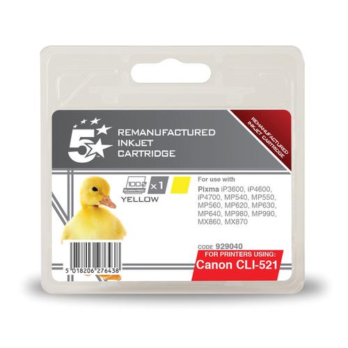 5 Star Office Remanufactured Inkjet Cartridge Page Life 477pp 9ml Yellow [Canon CLI-521Y Alternative]