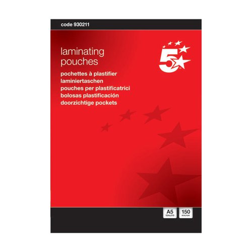 5 Star Office Laminating Pouches 150 Micron For A5 Gloss [Pack 100]