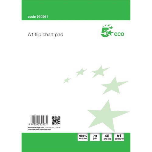 5 Star Eco Recycled Flipchart Pad Perforated 40 Sheets A1 Green & White [Box 5]