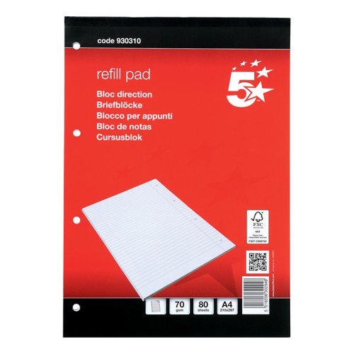 5 Star Office FSC Refill Pad Headbound 70gsm Ruled Margin Punched 4 Holes 160pp A4 Red & White [Pack 10]