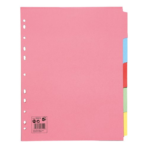 5 Star Office Subject Dividers 5-Part Recycled Card Multipunched Extra Wide 155gsm A4 Assorted [Pack 10]