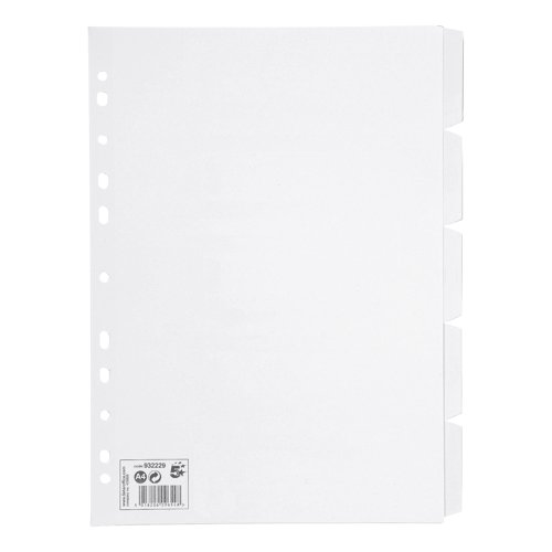 5 Star Office Subject Dividers 5-Part Recycled Card Multipunched 155gsm A4 White [Pack 10]