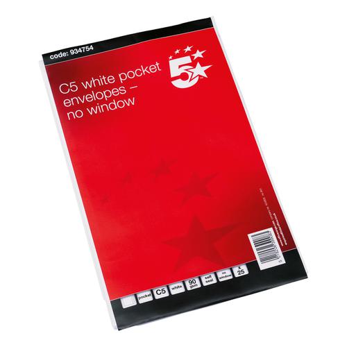 5 Star Office Envelopes PEFC Pocket Self Seal 90gsm C5 229x162mm White Retail Pack [Pack 25]  934754