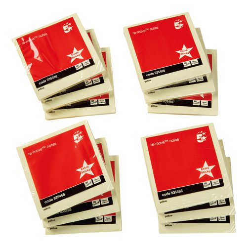 5 Star Office Extra Sticky Re-Move Notes Pad of 90 Sheets 76x76mm Yellow [Pack 12]