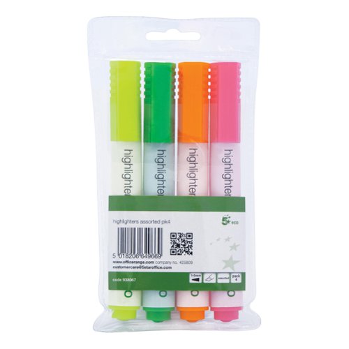 5 Star Eco Highlighter Chisel Tip 1-5mm Line Wallet Assorted [Pack 4]