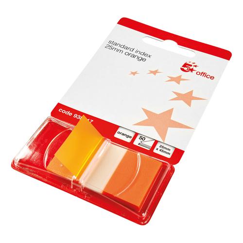 5 Star Office Standard Index Flags 50 Sheets per Pad 25x45mm Orange [Pack 5]