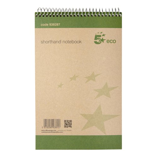 5 Star Eco Shorthand Pad Wirebound 70gsm Ruled 160pp 127x200mm Green & Buff [Pack 10]  938287