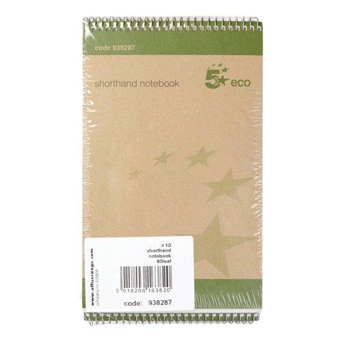 5 Star Eco Shorthand Pad Wirebound 70gsm Ruled 160pp 127x200mm Green & Buff [Pack 10]  938287