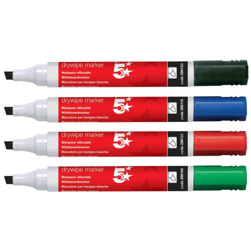 5 Star Office Drywipe Marker Xylene/Toluene-free Chisel Tip 2-5mm Line Wallet Assorted [Pack 6]