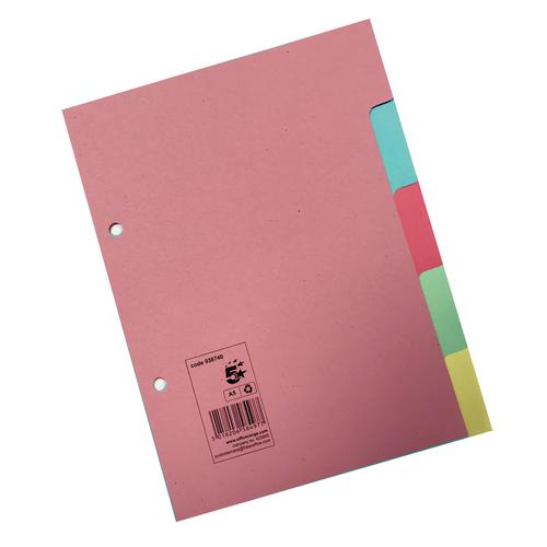 5 Star Office Subject Dividers 5-Part Recycled Card Two-hole Punched 155gsm A5 Assorted  938740
