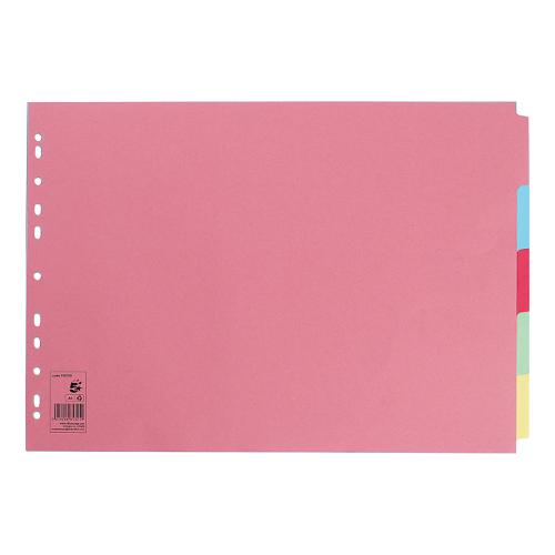 5 Star Office Subject Dividers 5-Part Recycled Card Multipunched 4 Holes 155gsm Landscape A3 Assorted