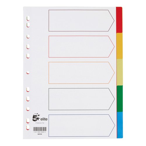 5 Star Elite Dividers 5-Part Polypropylene Multipunched Multicolour Tabs A4 White