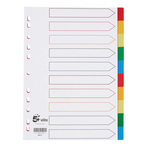 5 Star Elite Divider 10-Part Polypropylene Punched Reinforced Coloured-Tabs 120 Micron A4 White The OT Group