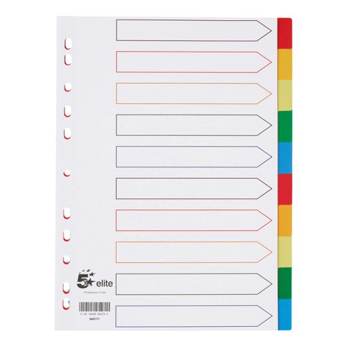 5 Star Elite Dividers 10-Part Polypropylene Multipunched Multicolour Tabs A4 White