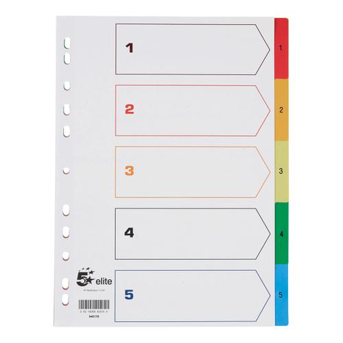5 Star Elite Index 1-5 Polypropylene Multipunched Reinforced Multicolour-Tabs 120 Micron A4 White  940178 Buy online at Office 5Star or contact us Tel 01594 810081 for assistance