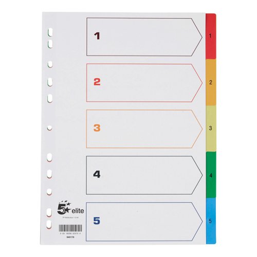 5 Star Elite Index 1-5 Polypropylene Multipunched Multicolour Tabs A4 White 