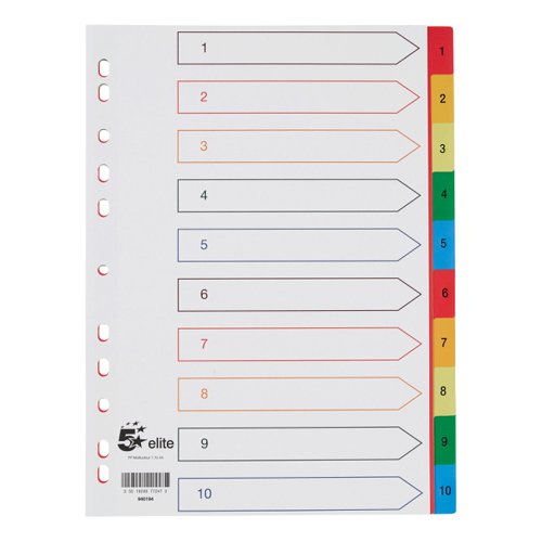 5 Star Elite Index 1-10 Polypropylene Multipunched Multicolour Tabs A4 White 