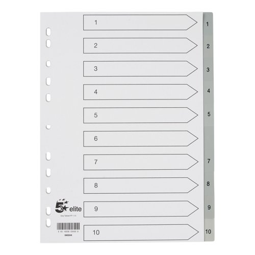 5 Star Elite Index 1-10 Polypropylene Multipunched Grey Tabs A4 White