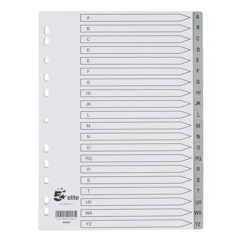 5 Star Elite Index A-Z 20-Part Polypropylene Multipunched Reinforced Holes Grey Tabs 120 Micron A4 White