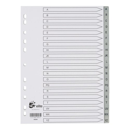 5 Star Elite Index A-Z 20-Part Polypropylene Multipunched Grey Tabs A4 White