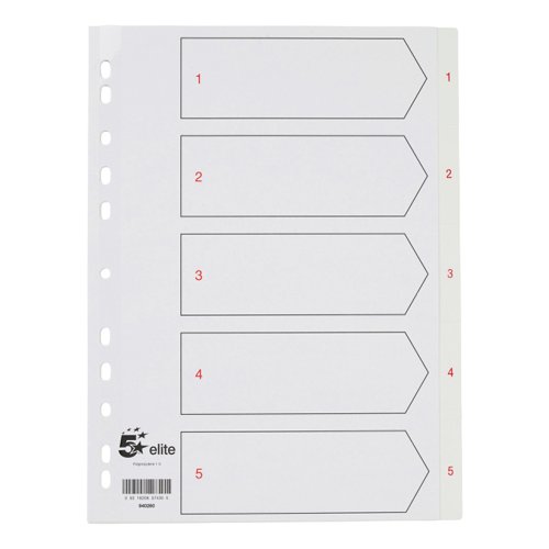 5 Star Elite Index 1-5 Polypropylene Multipunched A4 White With Red Text Tabs