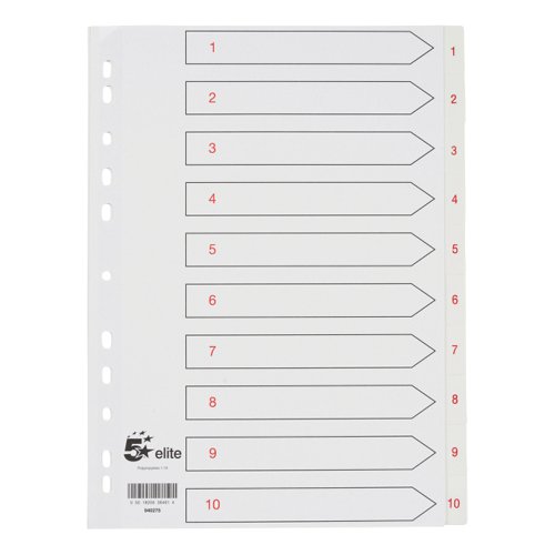 5 Star Elite Index 1-10 Polypropylene Multipunched A4 White With Red Text Tabs