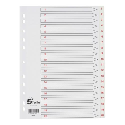 5 Star Elite Premium Index 1-20 Polypropylene Multipunched Reinforced Holes120 Micron A4 White The OT Group