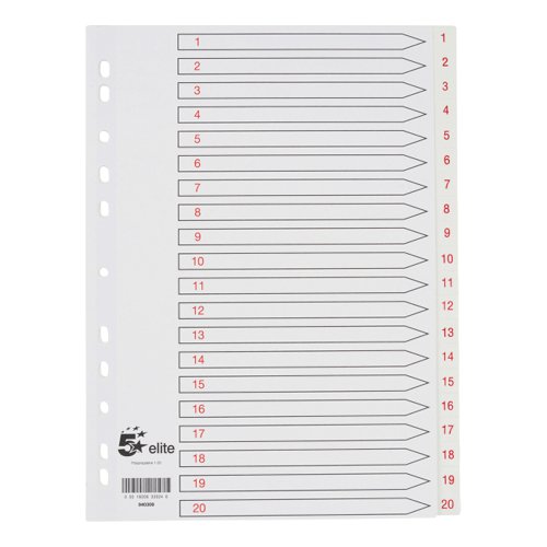 5 Star Elite Index 1-20 Polypropylene Multipunched A4 White With Red Text Tabs