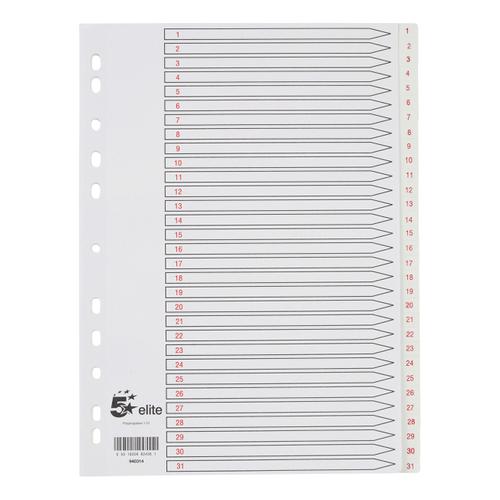 5 Star Elite Premium Index1-31 Polypropylene Multipunched Reinforced Holes 120 Micron A4 White  940314