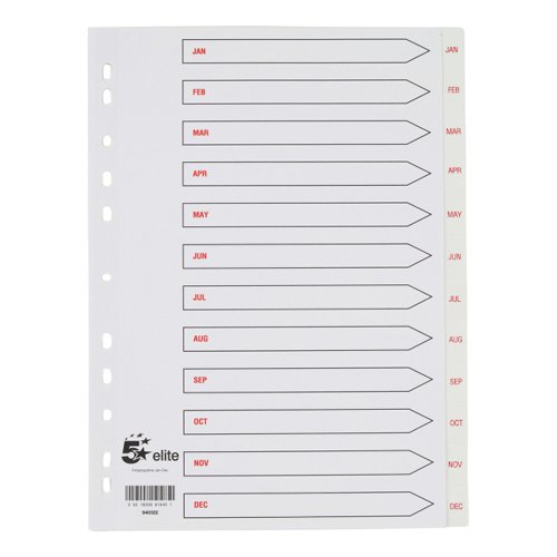 5 Star Elite Index Jan-Dec Polypropylene Multipunched A4 White With Red Text Tabs