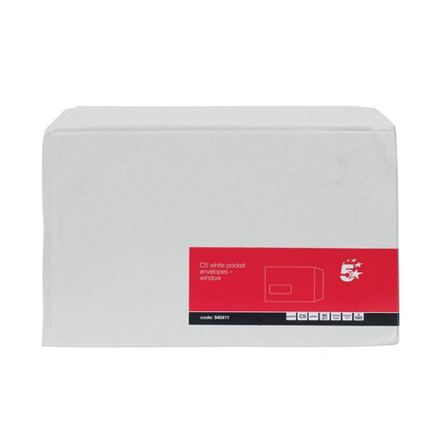 5 Star Office Envelopes PEFC Pocket Self Seal Window 90gsm C5 229x162mm White [Pack 500]