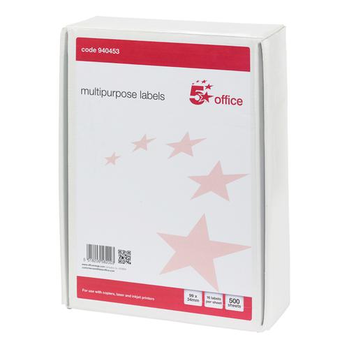 5 Star Office Multipurpose Labels Laser Copier Inkjet 16 per Sheet 99x34mm White [8000 Labels]