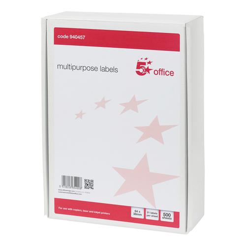 5 Star Office Multipurpose Labels Laser Copier Inkjet 21 per Sheet 64x38mm White [10500 Labels]